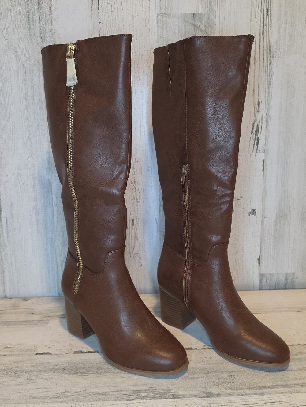 Sugar Women’s Size 7M Brown Knee High Boots Block Heel Gold Zipper Riding - Picture 2 of 14